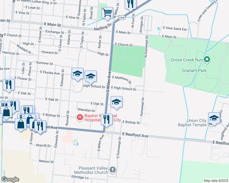map of restaurants, bars, coffee shops, grocery stores, and more near 1504 East High School Drive in Union City