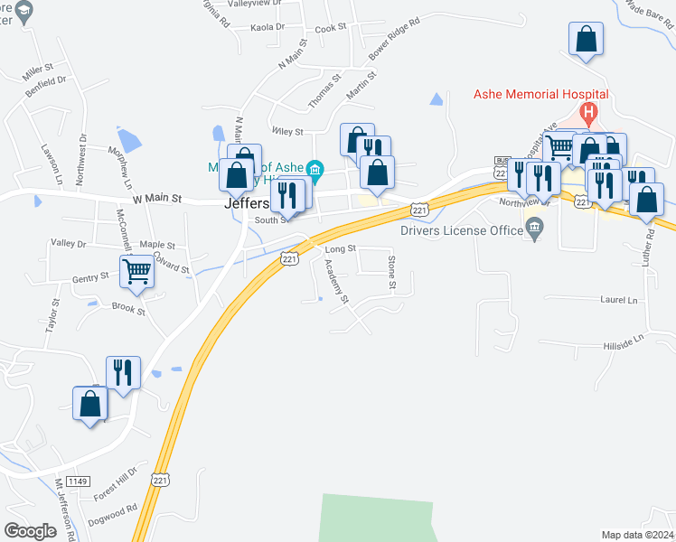 map of restaurants, bars, coffee shops, grocery stores, and more near 329 Academy Street in Jefferson