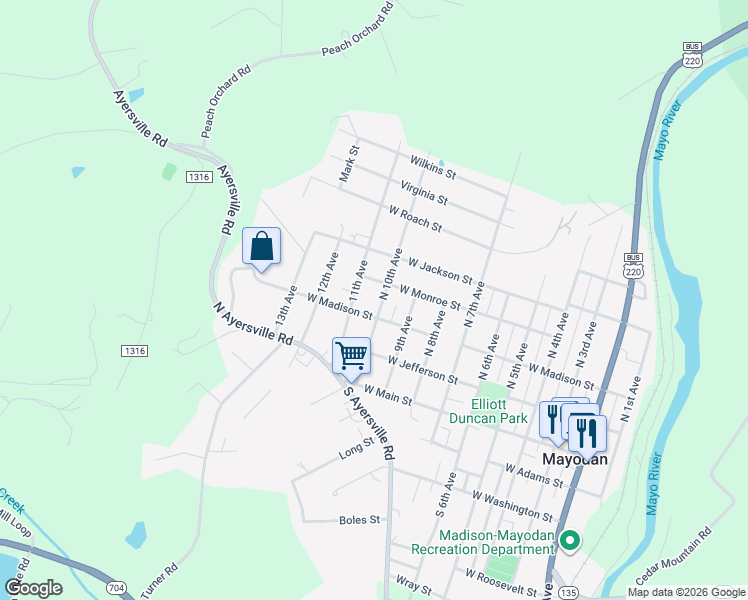 map of restaurants, bars, coffee shops, grocery stores, and more near 400 North 10th Avenue in Mayodan