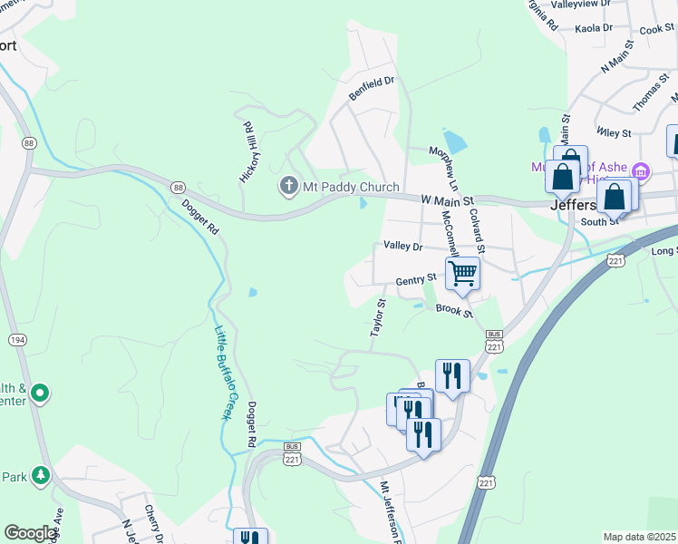 map of restaurants, bars, coffee shops, grocery stores, and more near 367 Gentry Street in Jefferson
