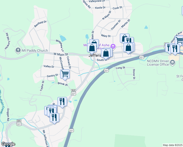 map of restaurants, bars, coffee shops, grocery stores, and more near 329 South Main Street in Jefferson
