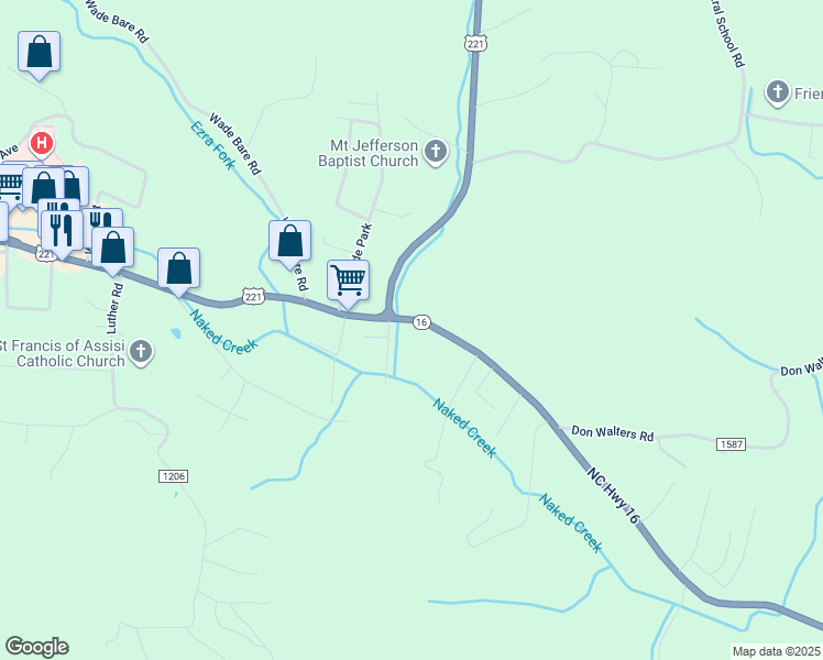 map of restaurants, bars, coffee shops, grocery stores, and more near 152 North Carolina 16 in Jefferson
