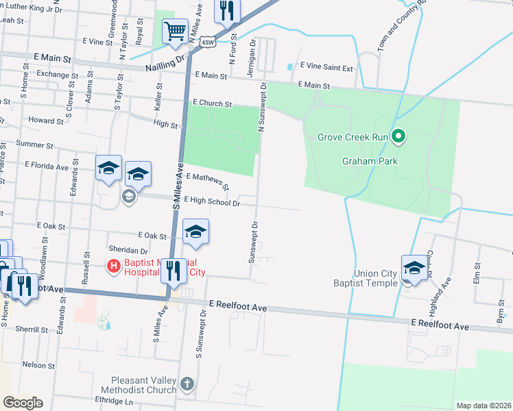 map of restaurants, bars, coffee shops, grocery stores, and more near 714 South Sunswept Drive in Union City