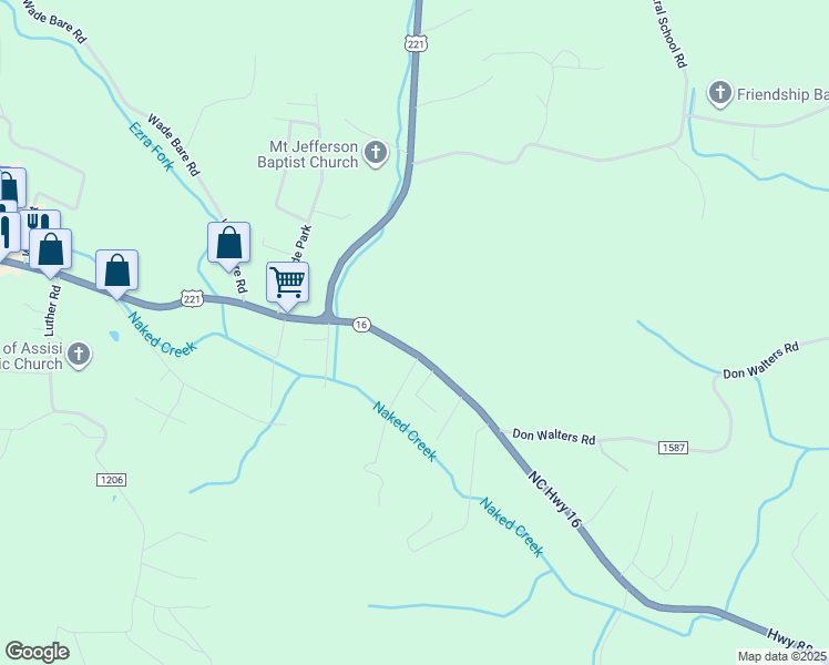 map of restaurants, bars, coffee shops, grocery stores, and more near 277 North Carolina 16 in Jefferson