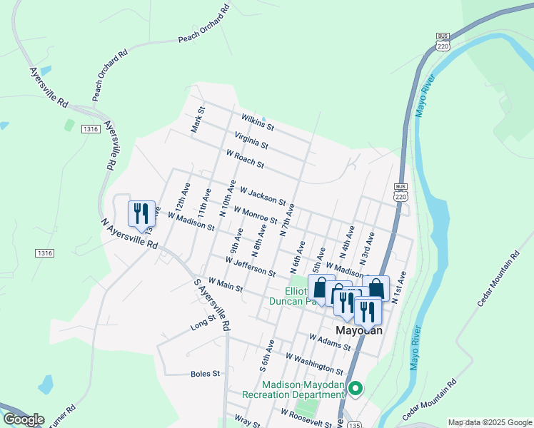 map of restaurants, bars, coffee shops, grocery stores, and more near 702 West Monroe Street in Mayodan
