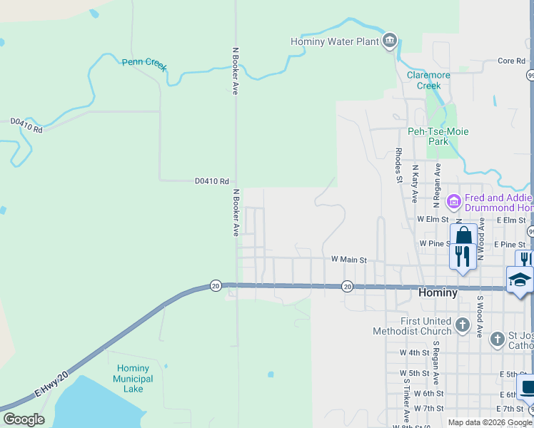 map of restaurants, bars, coffee shops, grocery stores, and more near 302 Martin Luther King Boulevard in Hominy