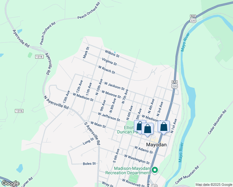 map of restaurants, bars, coffee shops, grocery stores, and more near 702 West Monroe Street in Mayodan