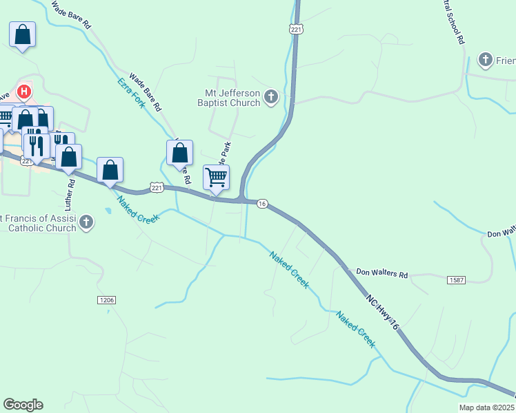 map of restaurants, bars, coffee shops, grocery stores, and more near 152 North Carolina 16 in Jefferson