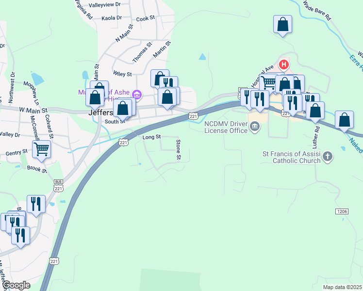 map of restaurants, bars, coffee shops, grocery stores, and more near 113 Stone Street in Jefferson