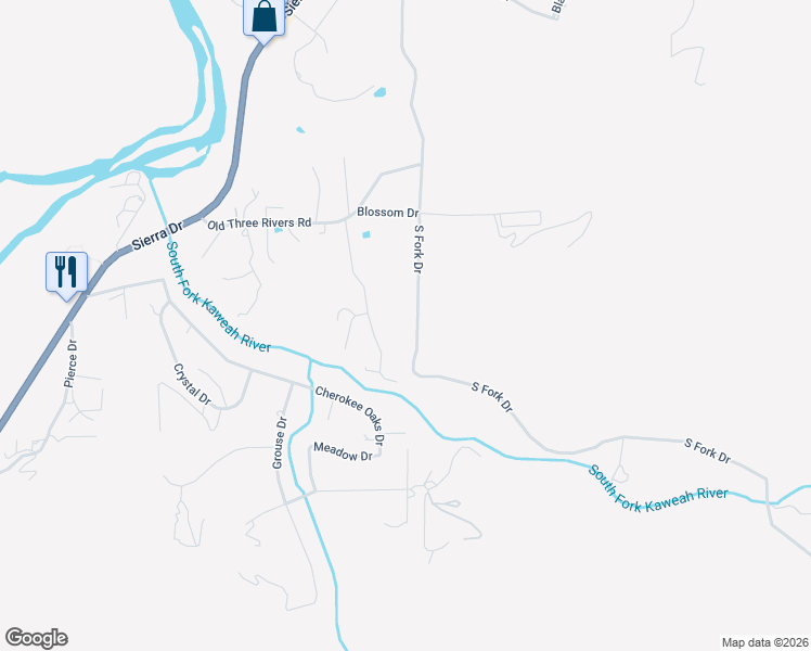 map of restaurants, bars, coffee shops, grocery stores, and more near 42184 South Fork Drive in Three Rivers