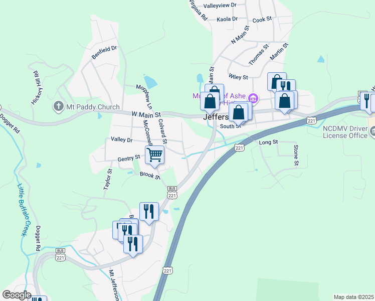 map of restaurants, bars, coffee shops, grocery stores, and more near 217 Wm Jb Blevins Drive in Jefferson