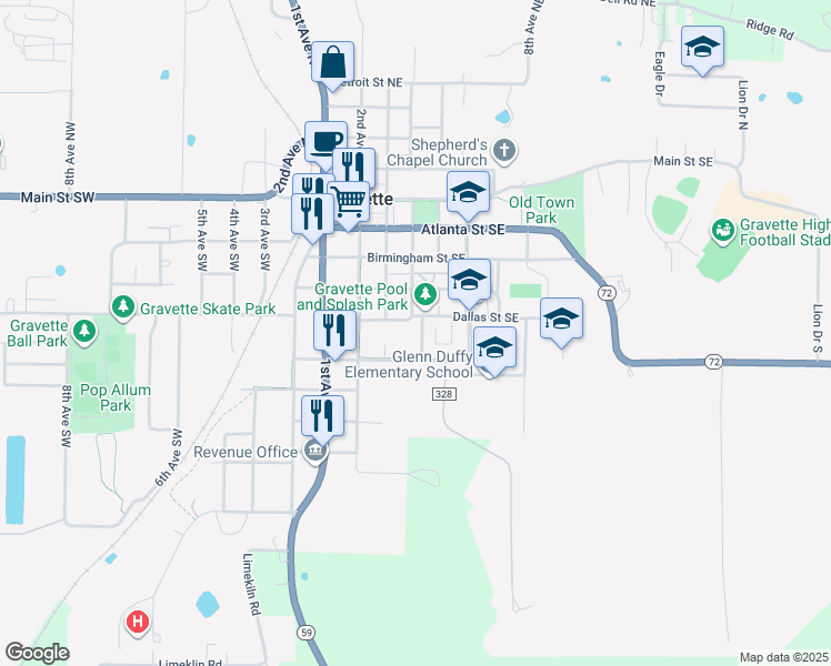 map of restaurants, bars, coffee shops, grocery stores, and more near 411 Dallas Street Southeast in Gravette