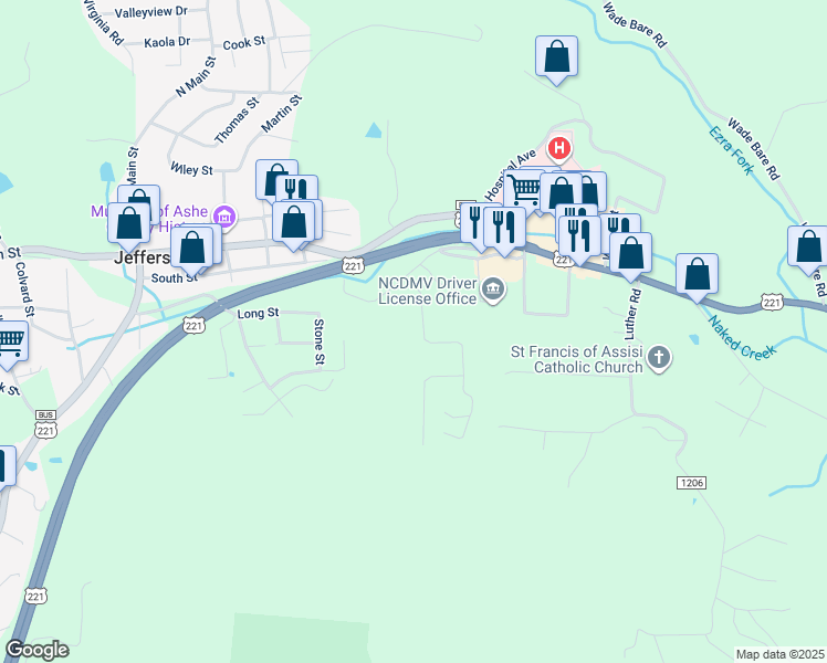 map of restaurants, bars, coffee shops, grocery stores, and more near 166 Oak Grove Circle in Jefferson