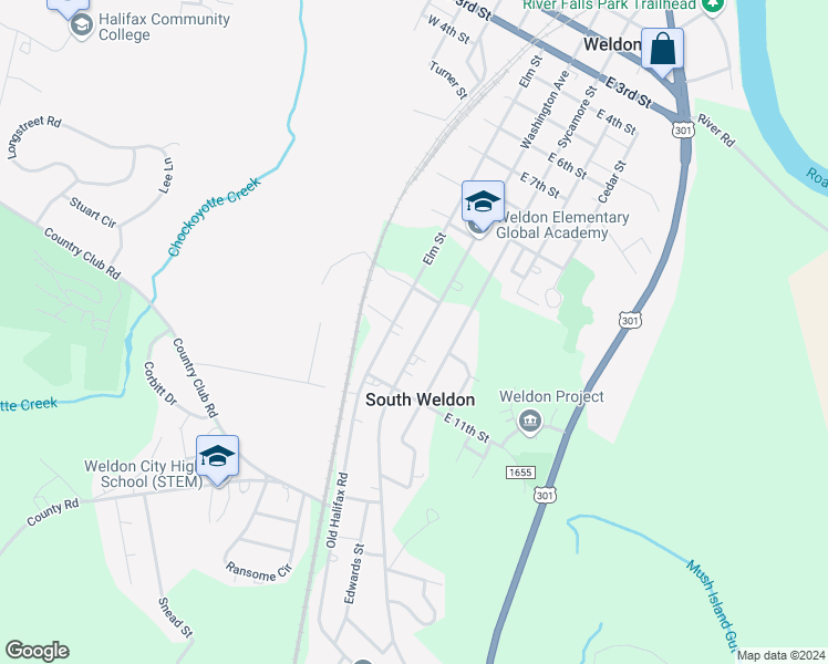 map of restaurants, bars, coffee shops, grocery stores, and more near 1020 Washington Avenue in Weldon