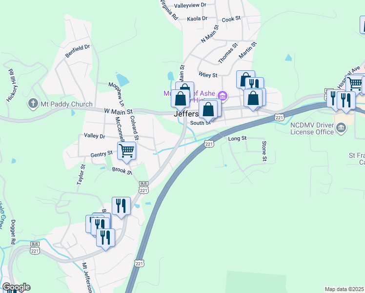 map of restaurants, bars, coffee shops, grocery stores, and more near 313 South Main Street in Jefferson