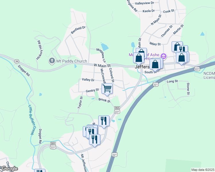map of restaurants, bars, coffee shops, grocery stores, and more near 319 McConnell Street in Jefferson