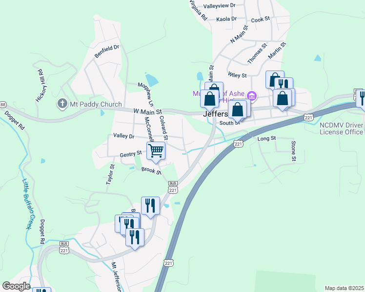 map of restaurants, bars, coffee shops, grocery stores, and more near 216 Wm Jb Blevins Drive in Jefferson