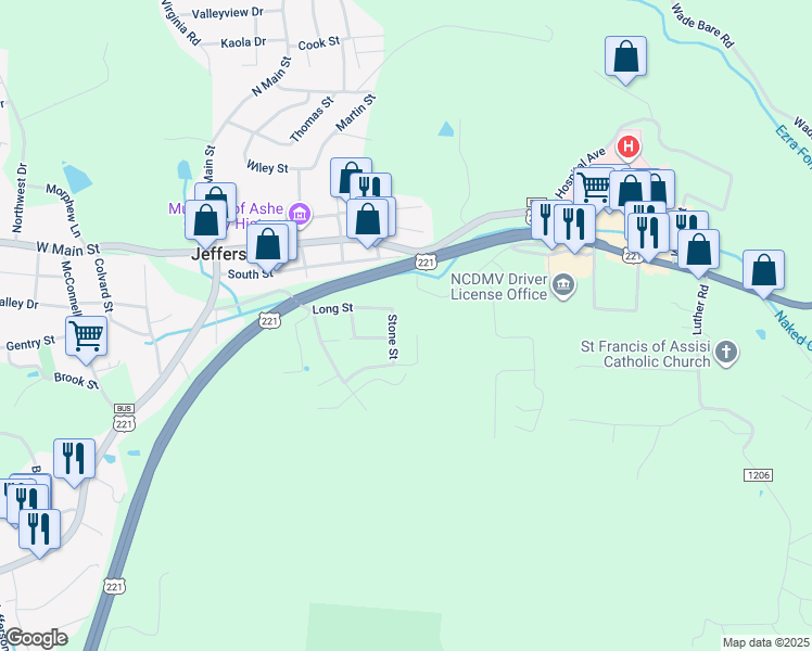 map of restaurants, bars, coffee shops, grocery stores, and more near 113 Stone Street in Jefferson