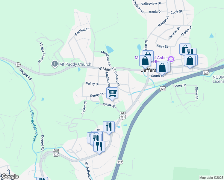 map of restaurants, bars, coffee shops, grocery stores, and more near 319 McConnell Street in Jefferson