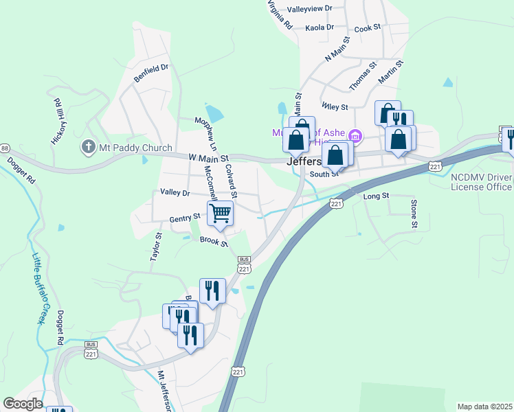 map of restaurants, bars, coffee shops, grocery stores, and more near 216 Wm Jb Blevins Drive in Jefferson