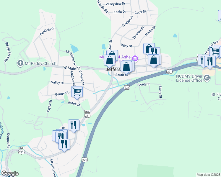 map of restaurants, bars, coffee shops, grocery stores, and more near 313 South Main Street in Jefferson