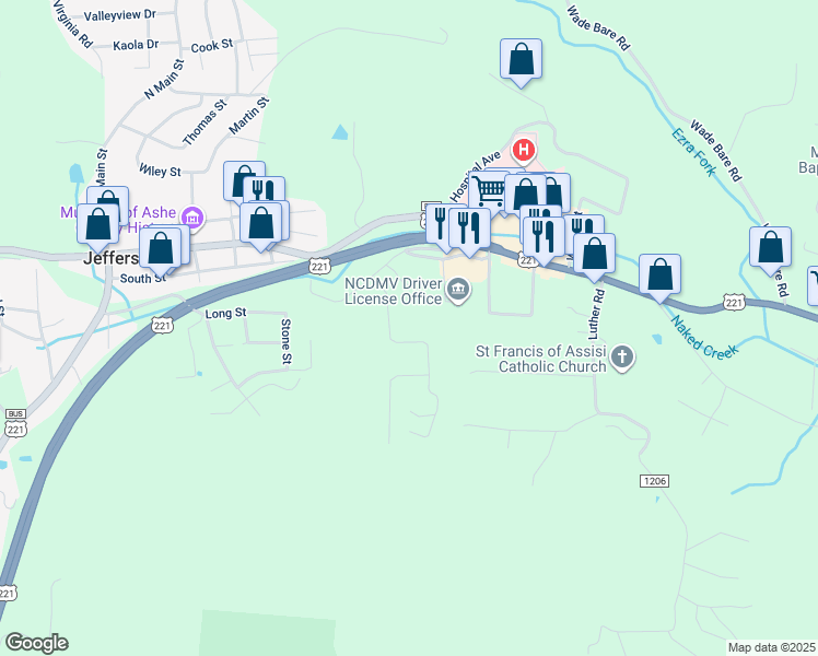 map of restaurants, bars, coffee shops, grocery stores, and more near 167 Oak Grove Circle in Jefferson