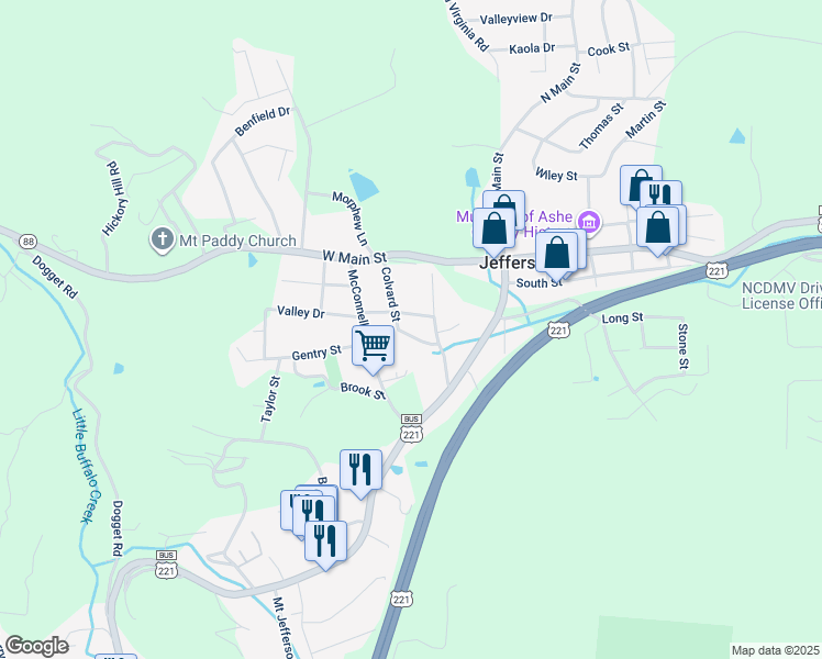 map of restaurants, bars, coffee shops, grocery stores, and more near 410 Colvard Street in Jefferson