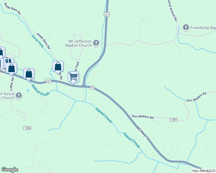 map of restaurants, bars, coffee shops, grocery stores, and more near 277 North Carolina 16 in Jefferson