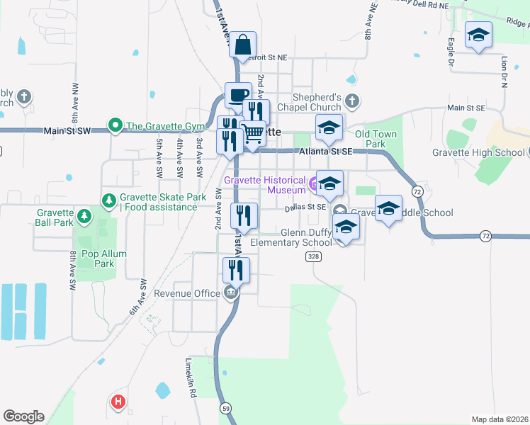 map of restaurants, bars, coffee shops, grocery stores, and more near 502 2nd Avenue Southeast in Gravette