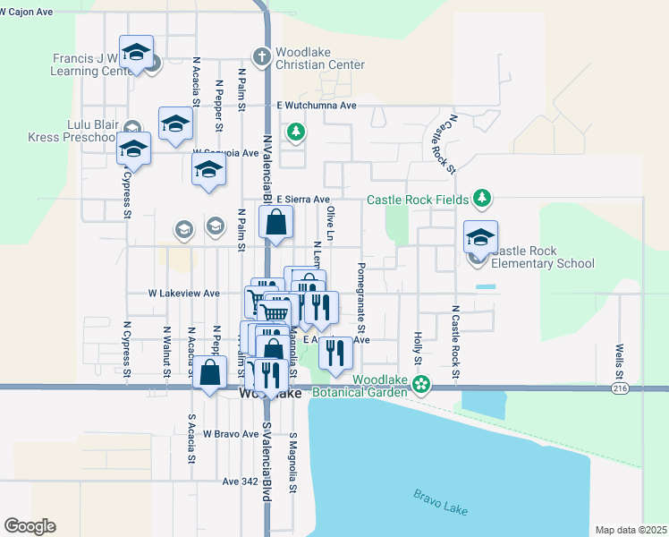 map of restaurants, bars, coffee shops, grocery stores, and more near 352 Olive Lane in Woodlake