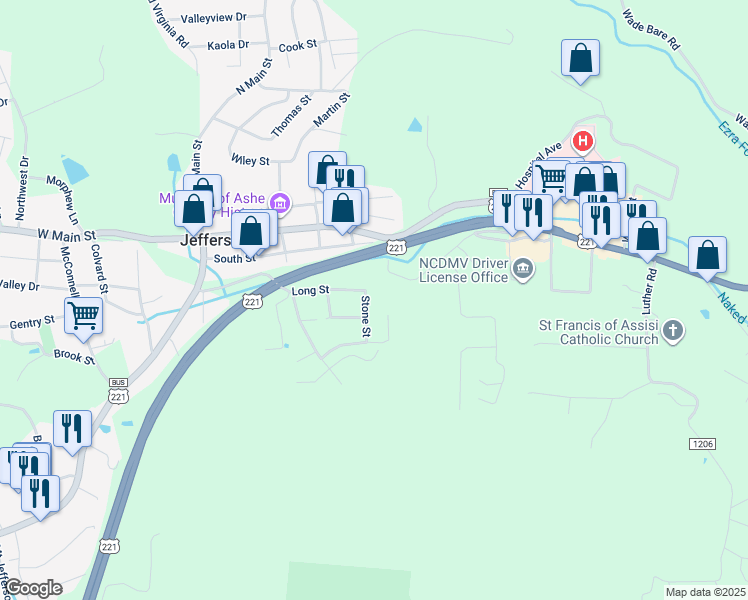 map of restaurants, bars, coffee shops, grocery stores, and more near 105 Stone Street in Jefferson