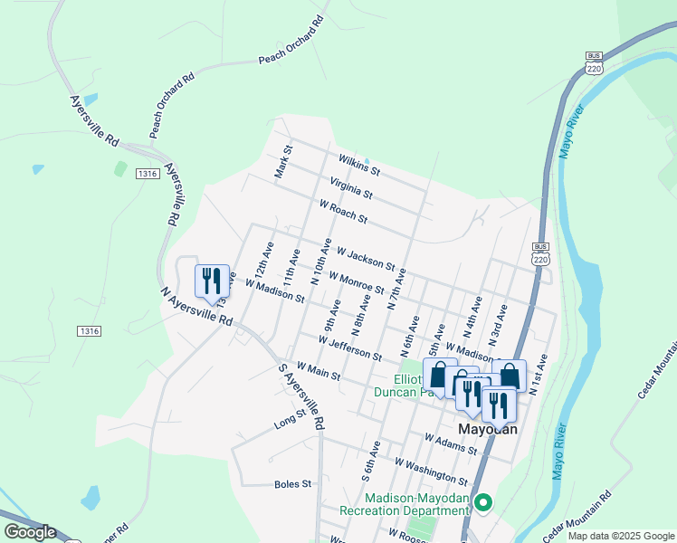 map of restaurants, bars, coffee shops, grocery stores, and more near 902 W Monroe St in Mayodan