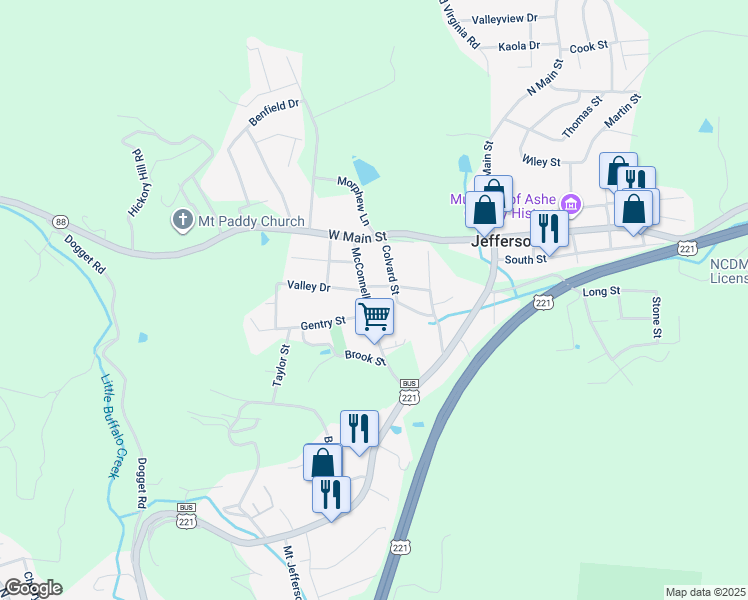 map of restaurants, bars, coffee shops, grocery stores, and more near 313 McConnell Street in Jefferson