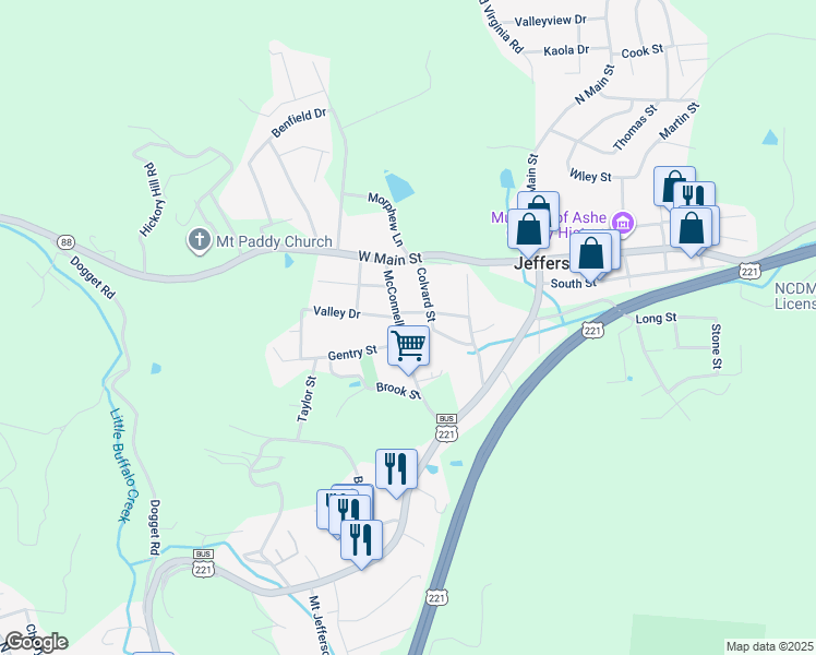 map of restaurants, bars, coffee shops, grocery stores, and more near 313 McConnell Street in Jefferson