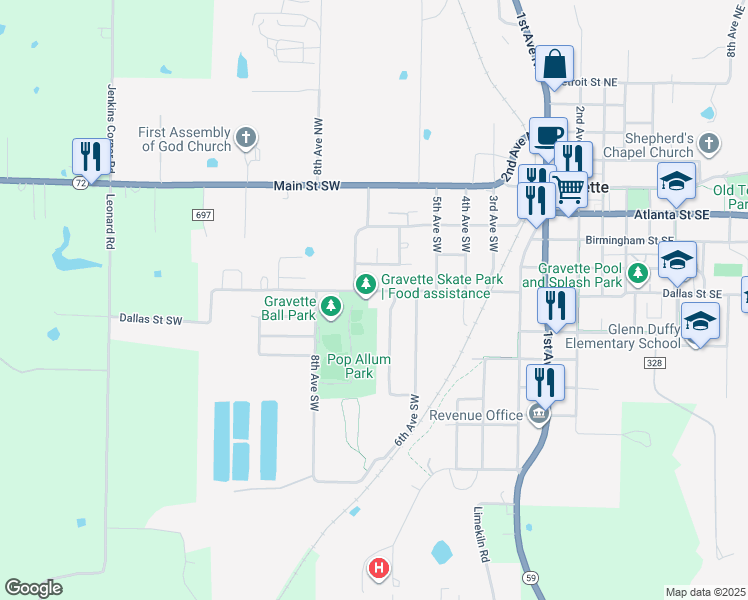 map of restaurants, bars, coffee shops, grocery stores, and more near 701 Dallas Street Southwest in Gravette