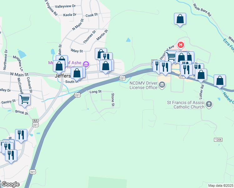 map of restaurants, bars, coffee shops, grocery stores, and more near 105 Stone Street in Jefferson