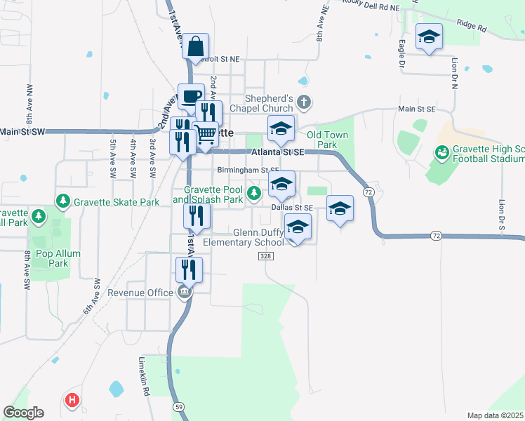 map of restaurants, bars, coffee shops, grocery stores, and more near 411 Dallas Street Southeast in Gravette