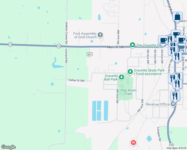 map of restaurants, bars, coffee shops, grocery stores, and more near 1117 Dallas Street Southwest in Gravette