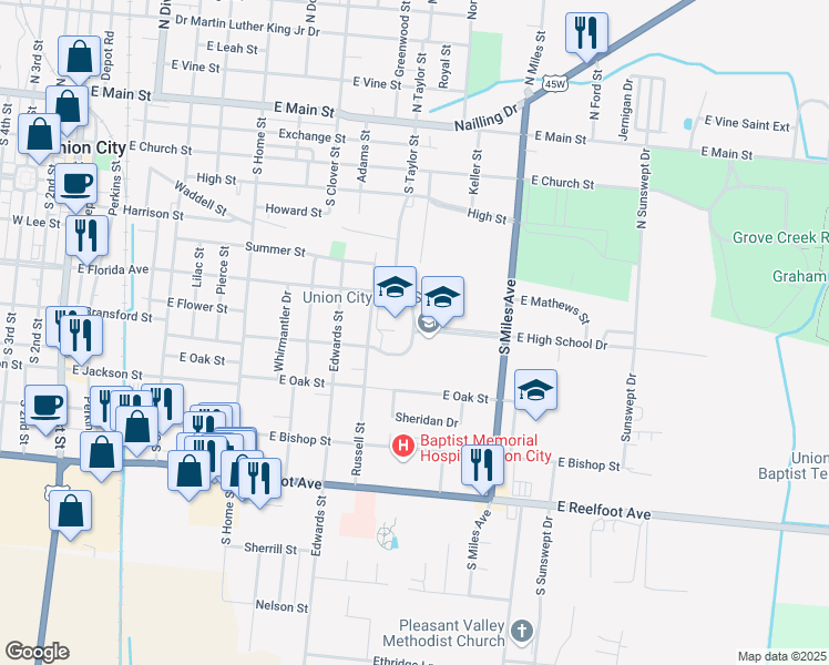 map of restaurants, bars, coffee shops, grocery stores, and more near 1111 High School Drive in Union City