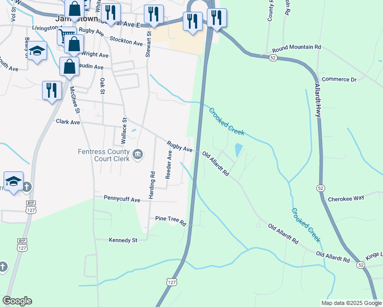 map of restaurants, bars, coffee shops, grocery stores, and more near 696 Rugby Avenue in Jamestown