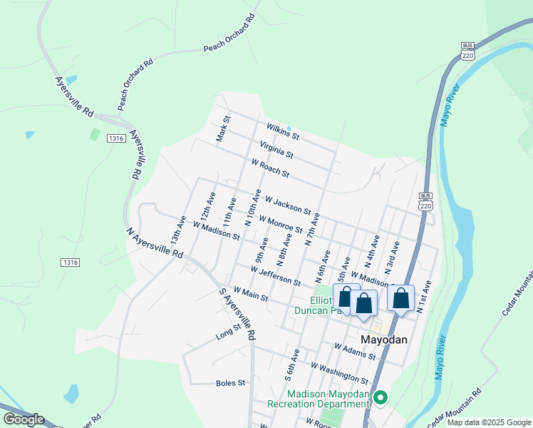 map of restaurants, bars, coffee shops, grocery stores, and more near 902 West Monroe Street in Mayodan