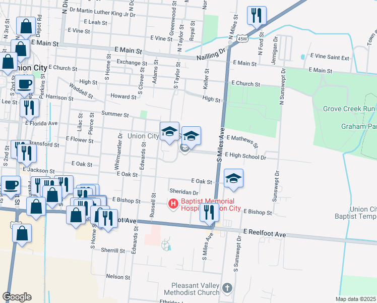 map of restaurants, bars, coffee shops, grocery stores, and more near 1305 High School Drive in Union City