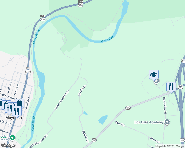 map of restaurants, bars, coffee shops, grocery stores, and more near 123 Wildlife Drive in Mayodan