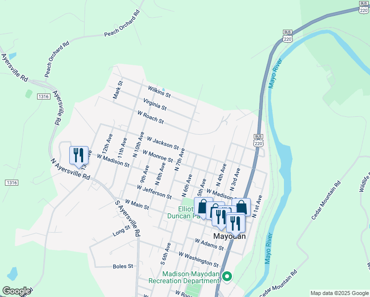 map of restaurants, bars, coffee shops, grocery stores, and more near 509 West Jackson Street in Mayodan