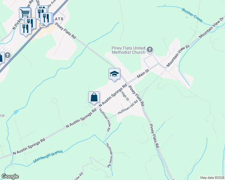 map of restaurants, bars, coffee shops, grocery stores, and more near 240 North Austin Springs Road in Piney Flats