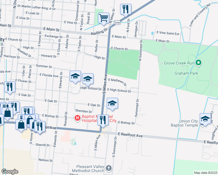 map of restaurants, bars, coffee shops, grocery stores, and more near 1504 East High School Drive in Union City