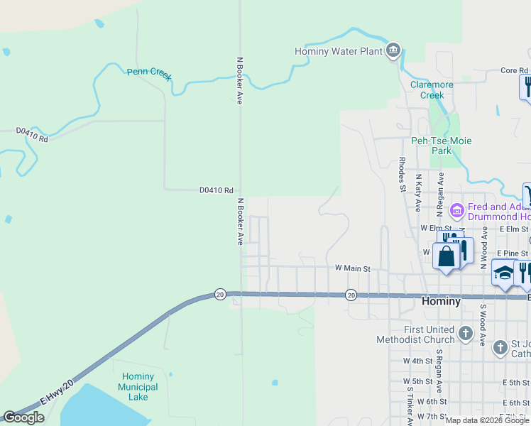 map of restaurants, bars, coffee shops, grocery stores, and more near 302 Martin Luther King Boulevard in Hominy