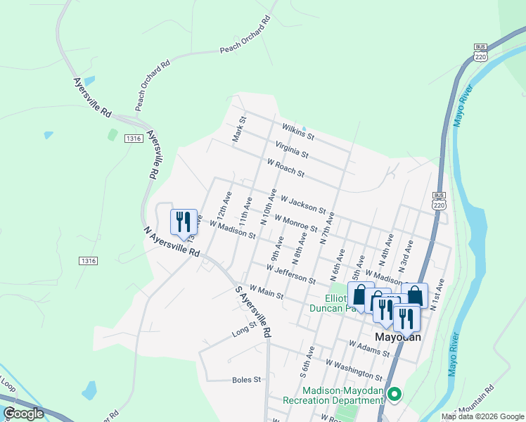map of restaurants, bars, coffee shops, grocery stores, and more near 400 North 10th Avenue in Mayodan