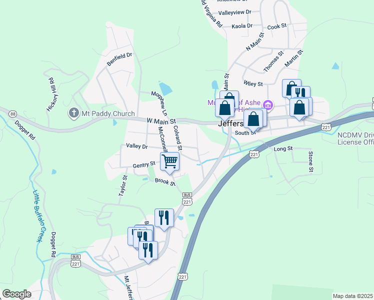 map of restaurants, bars, coffee shops, grocery stores, and more near 125 Maple Street in Jefferson