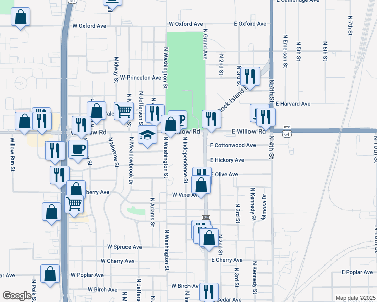 map of restaurants, bars, coffee shops, grocery stores, and more near 2213 North Independence Street in Enid